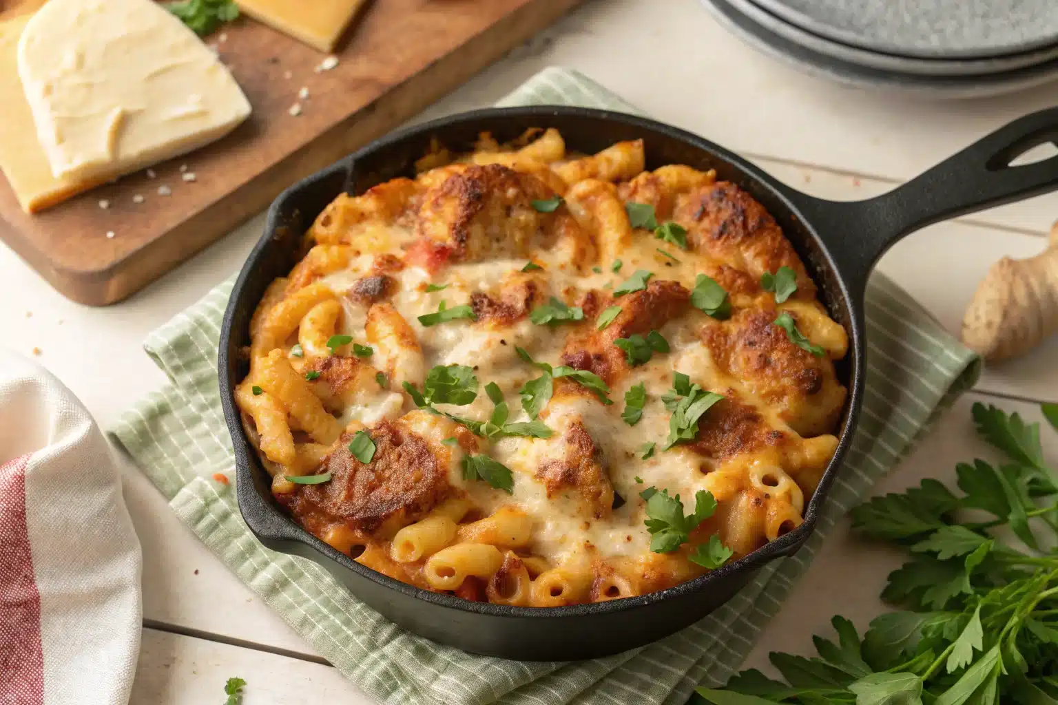 One-Pot Chicken Parmesan Mac & Cheese bubbling in skillet