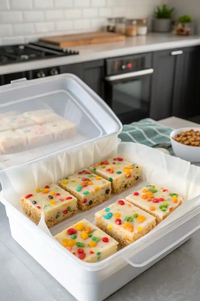 Fruity Pebbles Cookie Cheesecake Bars: A Fun, Colorful Dessert You’ll Love 4 Freezing Fruity Pebbles Cookie Cheesecake Bars