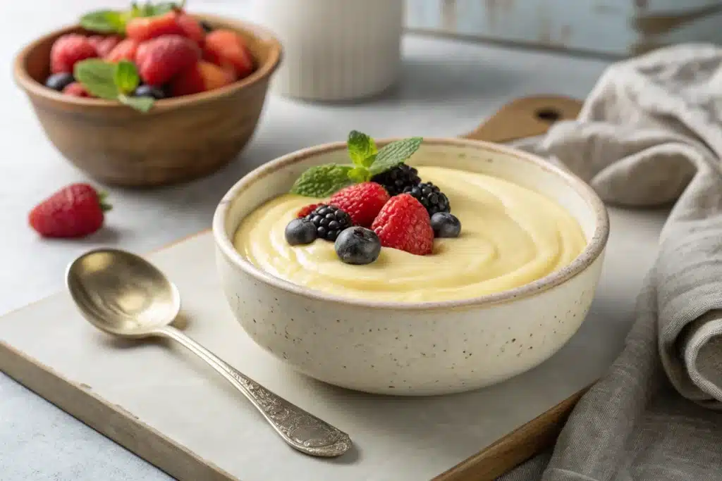 What’s the Difference Between Crème Brûlée and Custard? 3 Overhead view of creamy Custard garnished with fresh berries and mint, showcasing its smooth, velvety texture and inviting presentation